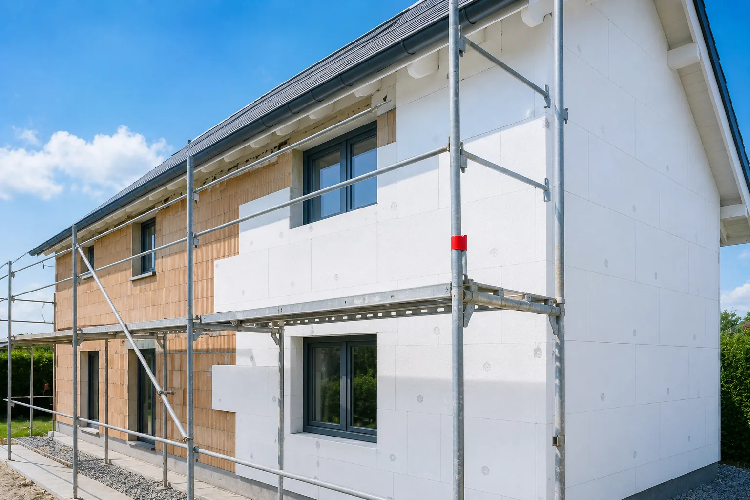 Wärmedämmung an der Fassade, Dämmplatten am Gerüst