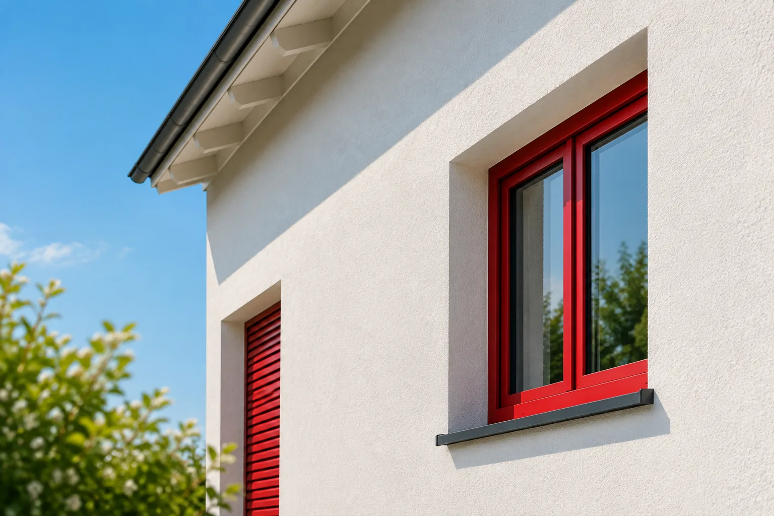 Detail einer gestalteten Fassade mit rotem Akzent