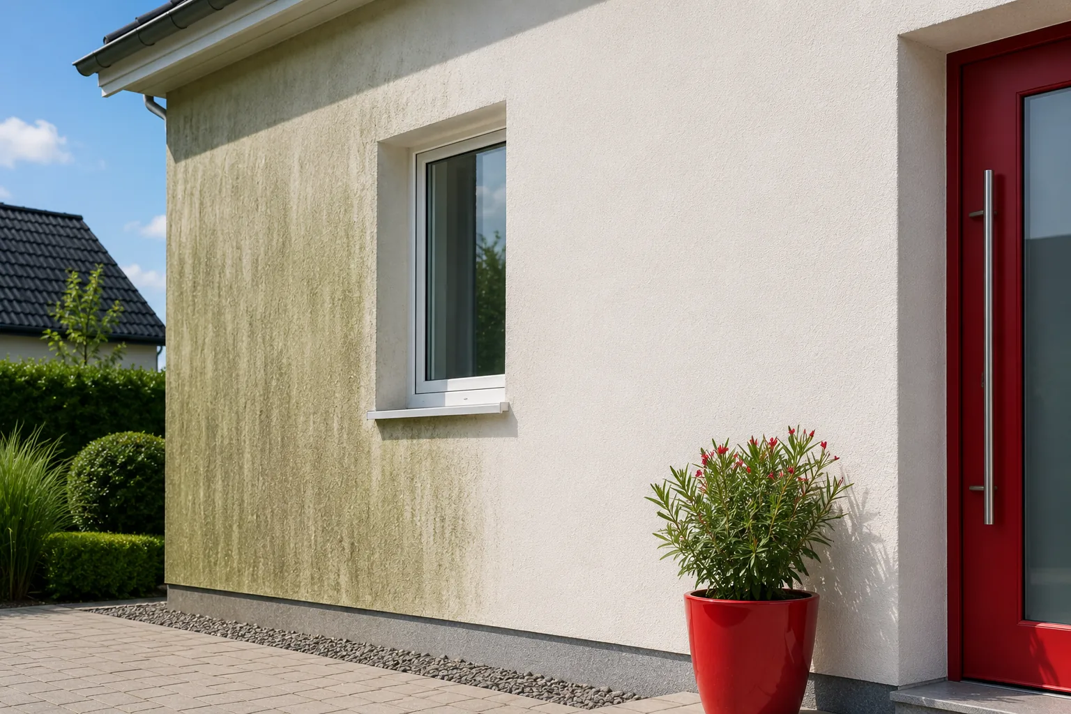 Fassade nach der Reinigung, sauber neben veralgtem Bereich