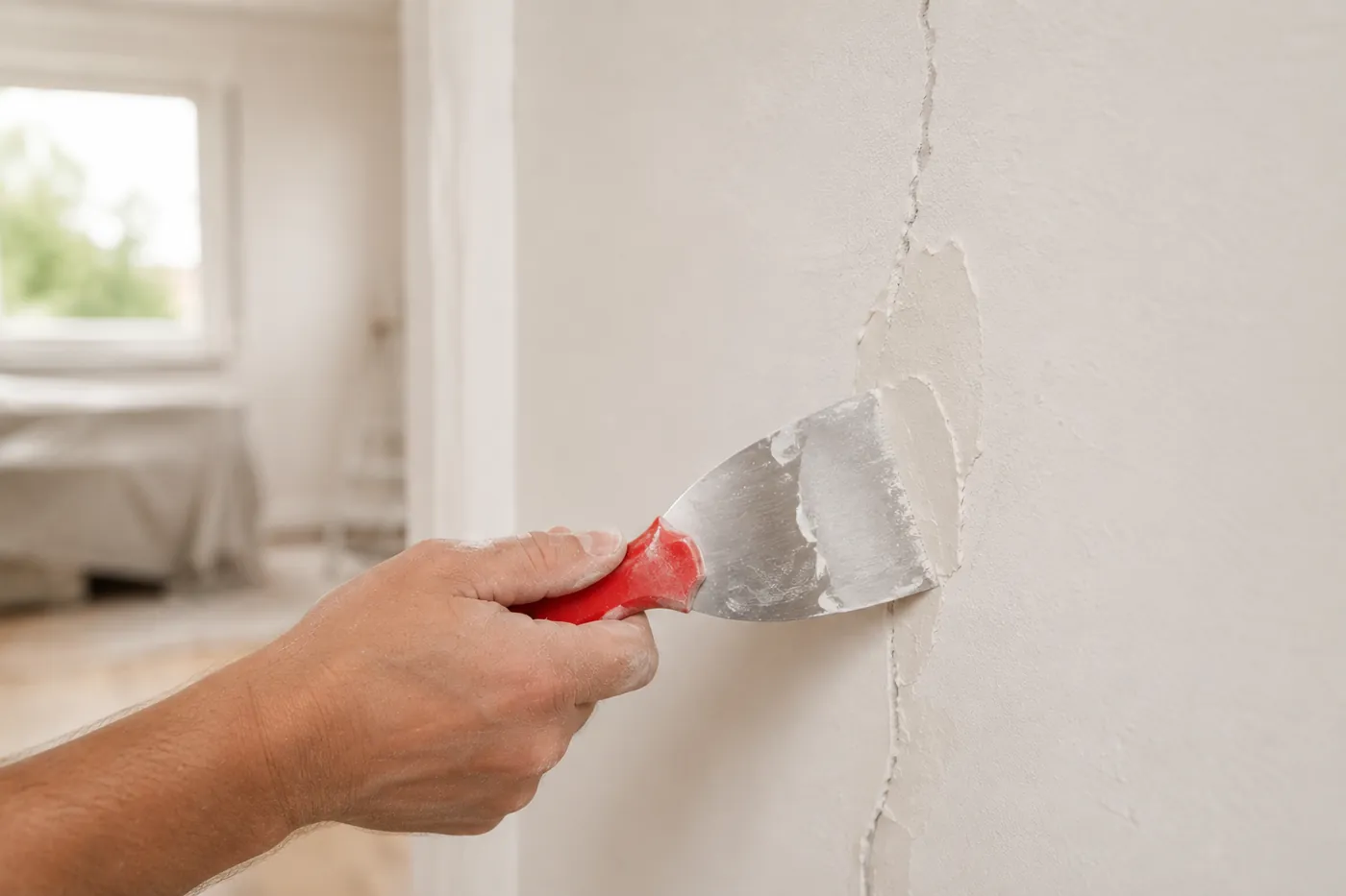 Riss in der Wand wird fachgerecht verspachtelt – Risssanierung