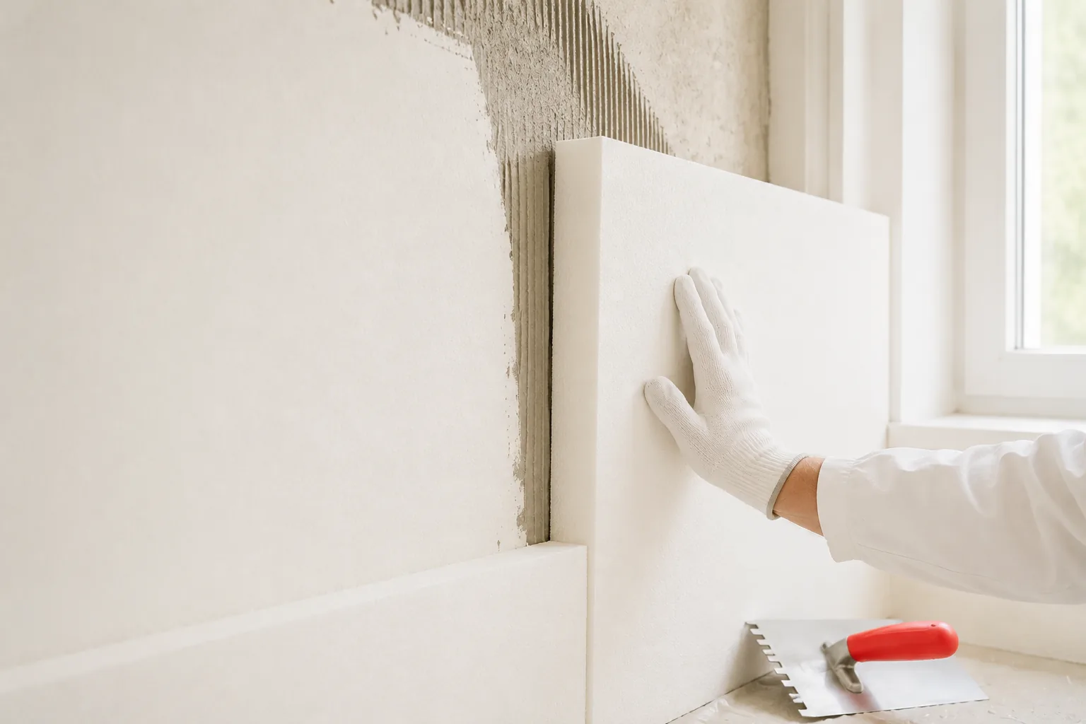Innendämmplatte wird an eine Außenwand angesetzt
