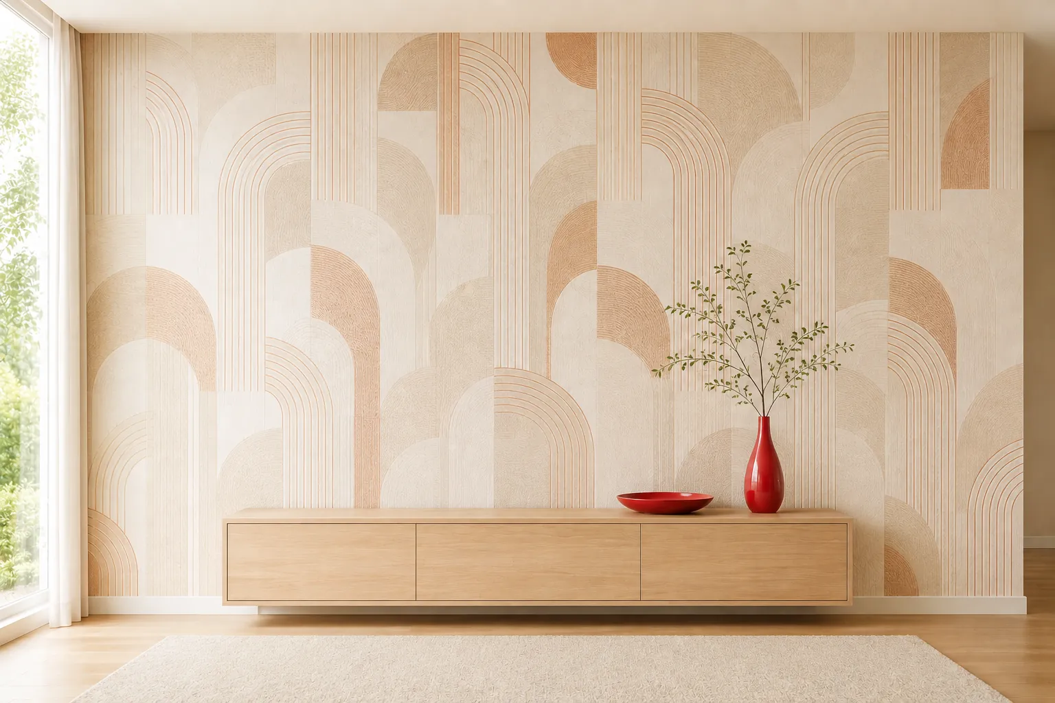 Wohnzimmerwand mit geometrischer Designtapete im Mid-Century-Stil und roter Deko-Vase