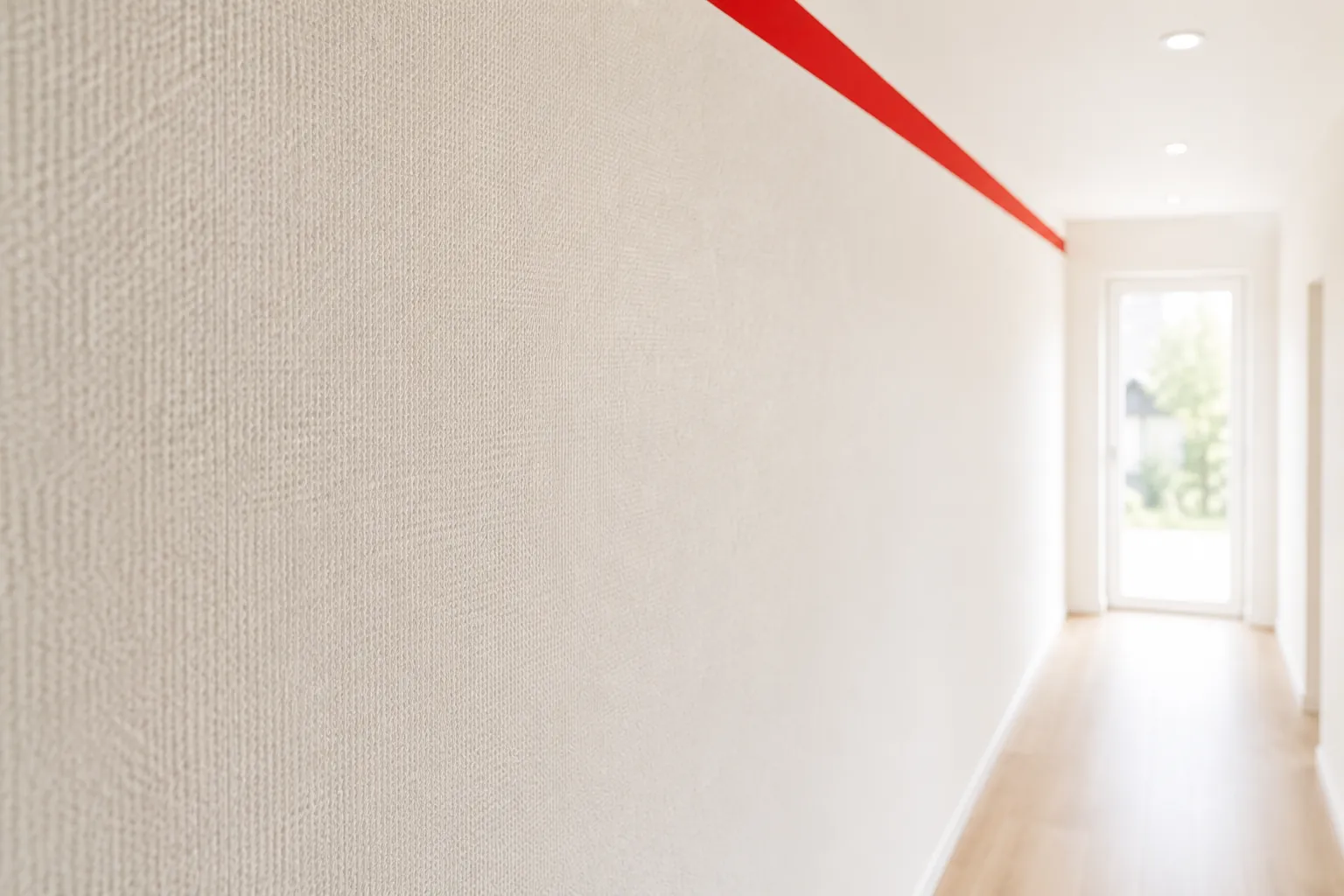 Frisch tapezierte Raufaserwand in einem hellen Flur mit rotem Wandabschluss oben